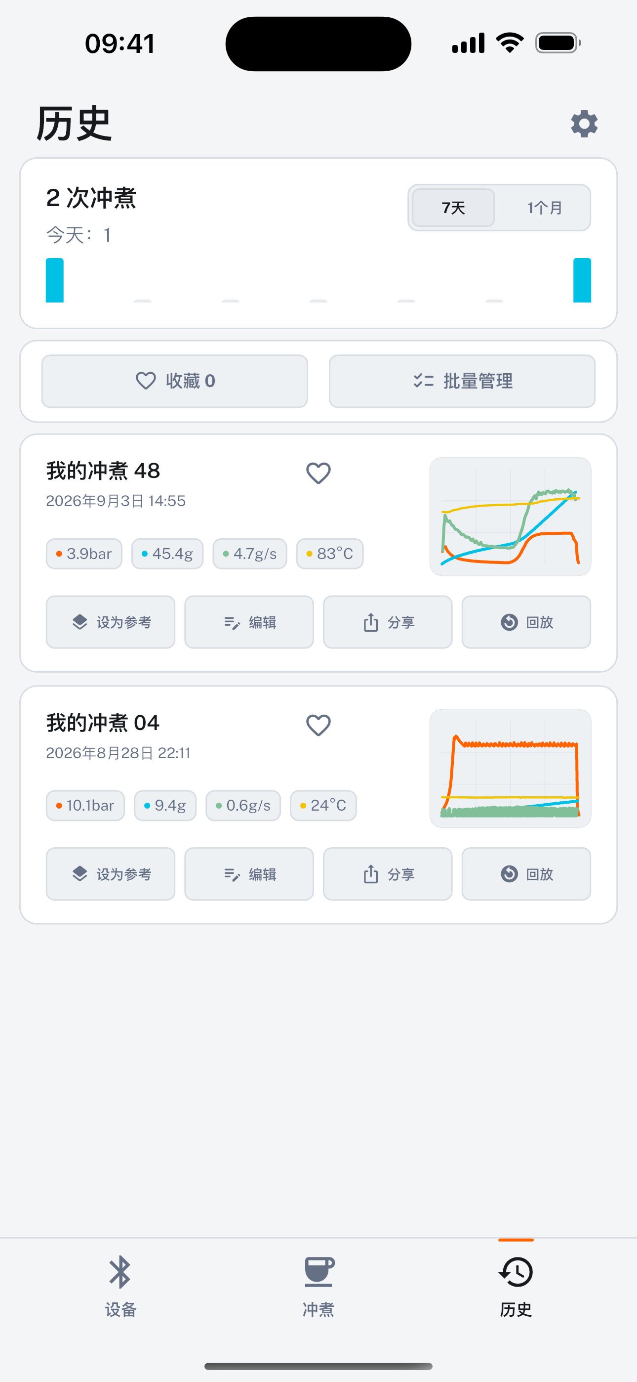 冲煮历史记录与统计界面
